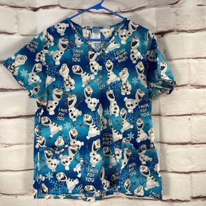 Disney Frozen OLAF Womens Scrub Top Large Nursing Uniform Pockets I Melt For You